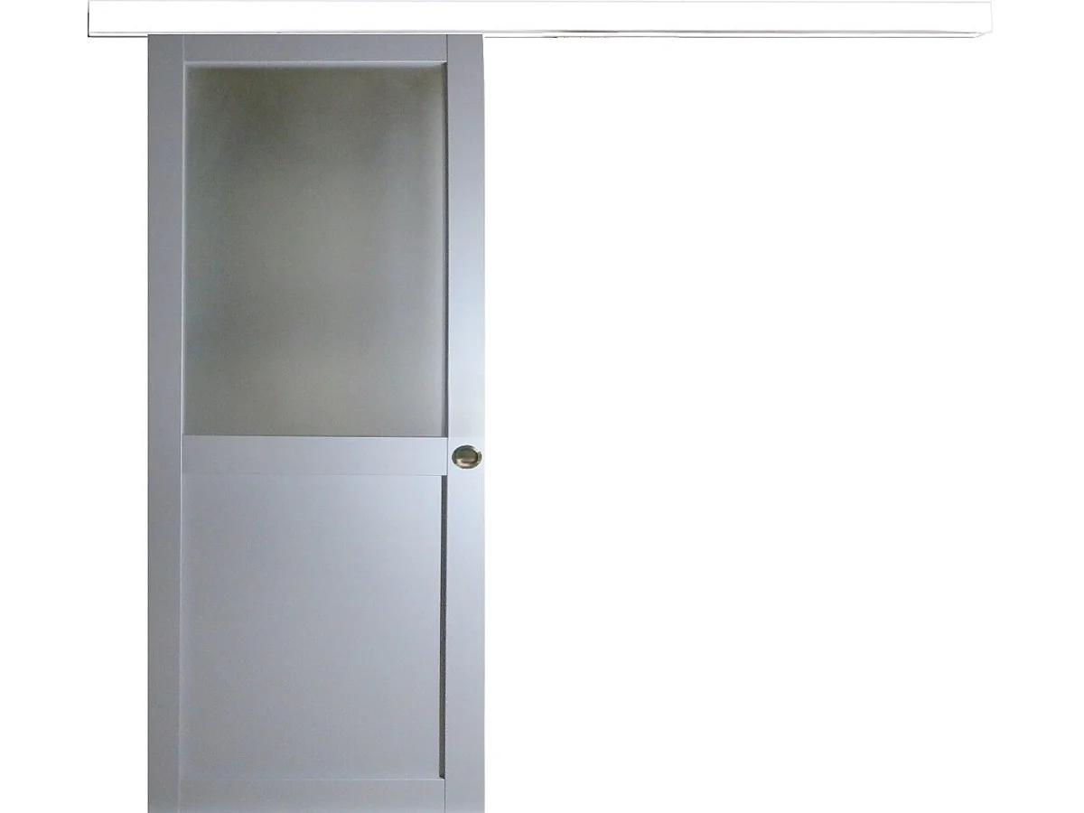 Porte Coulissante Athena Gris Clair Vitrée H204 X L83 Cm, Rail Alu Bandeau Blanc, Coquilles Gd Menuiseries