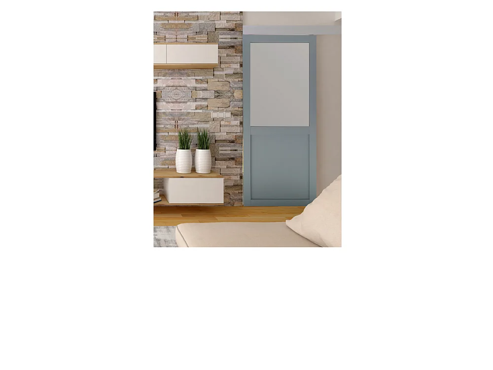 Porte Coulissante Athena Gris Clair Vitrée H204 X L83 Cm, Rail Alu Bandeau Blanc, Coquilles Gd Menuiseries