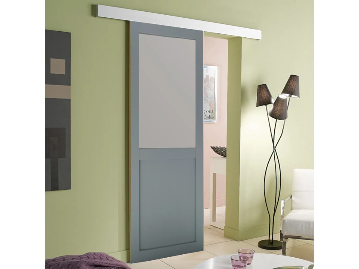 Porte Coulissante Athena Ral7035 Vitree H204 X L73 + Rail Alu Et Coquilles Gd Menuiseries