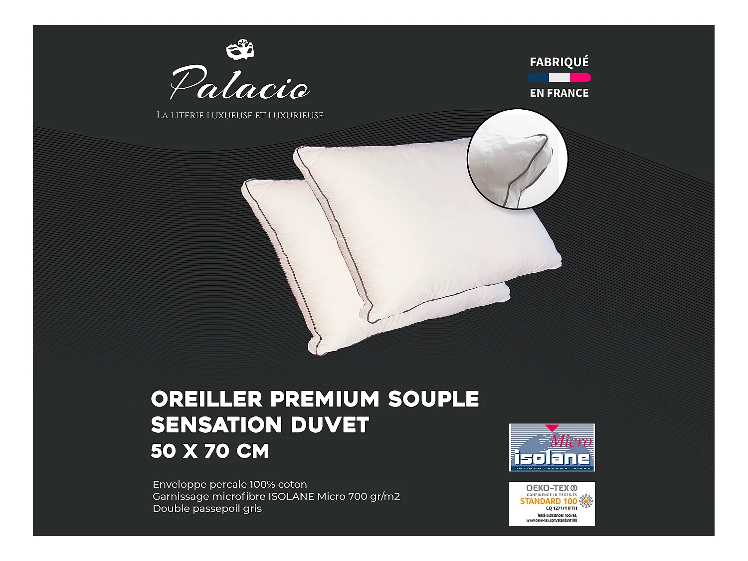 Lot de 2 oreillers sensation duvet en percale de coton 91 fils/cm² 50 x 70 cm - 700 gr - Blanc - AUXENCE