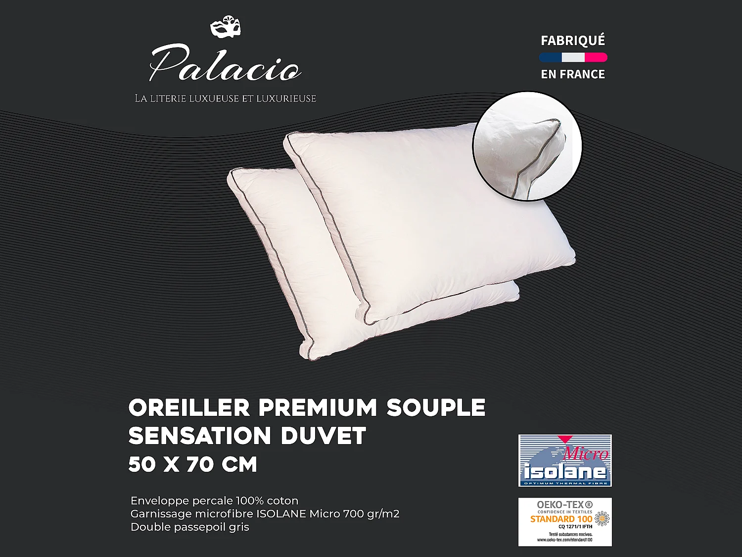 Lot de 2 oreillers sensation duvet en percale de coton 91 fils/cm² 50 x 70 cm - 700 gr - Blanc - AUXENCE