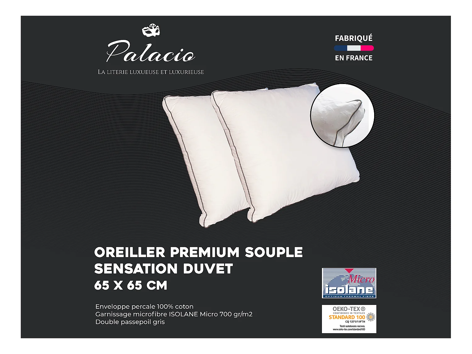 Juego de 2 almohadas sensación plumón de percal de algodón 91 hilos/ cm² 65 x 65 cm - 700 gr - Blanco - AUXENCE