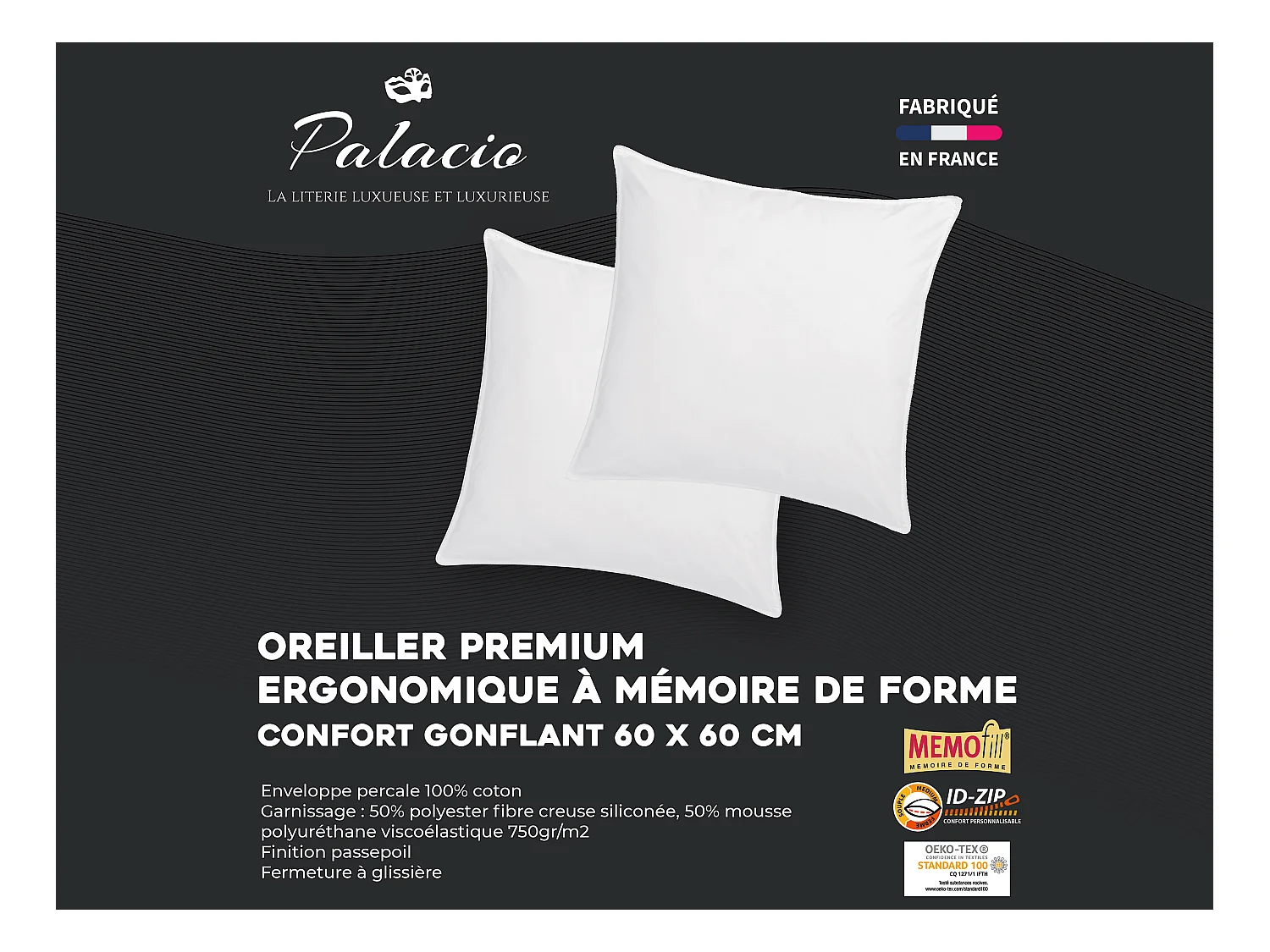 Set van 2 traagschuim hoofdkussen 60 x 60 cm - Perkaal katoen - 91 draden/cm² - 750 gr - Wit - AUXENCE