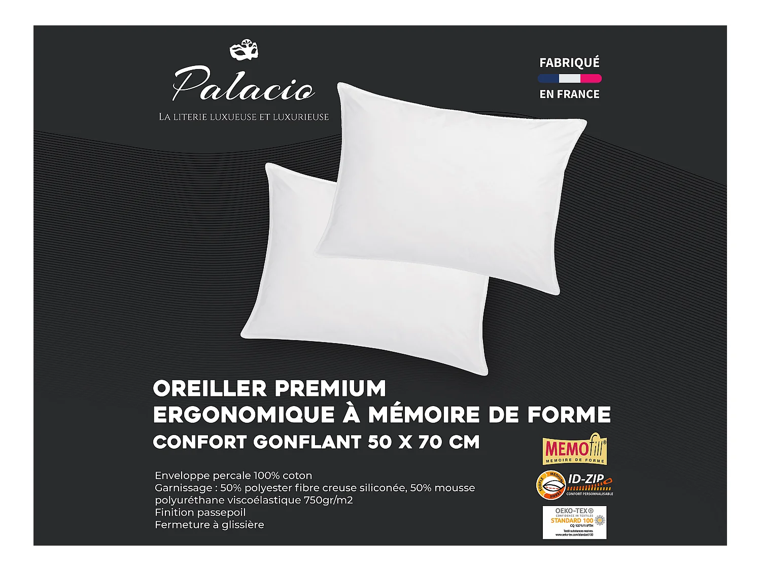 Lot de 2 oreillers mémoire de forme mémofill 50 x 70 cm - Percale de coton - 91 fils/cm² - 750 gr - Blanc - AUXENCE