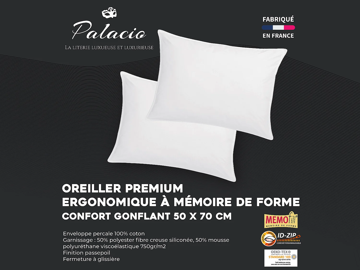 Lot de 2 oreillers mémoire de forme mémofill 50 x 70 cm - Percale de coton - 91 fils/cm² - 750 gr - Blanc - AUXENCE