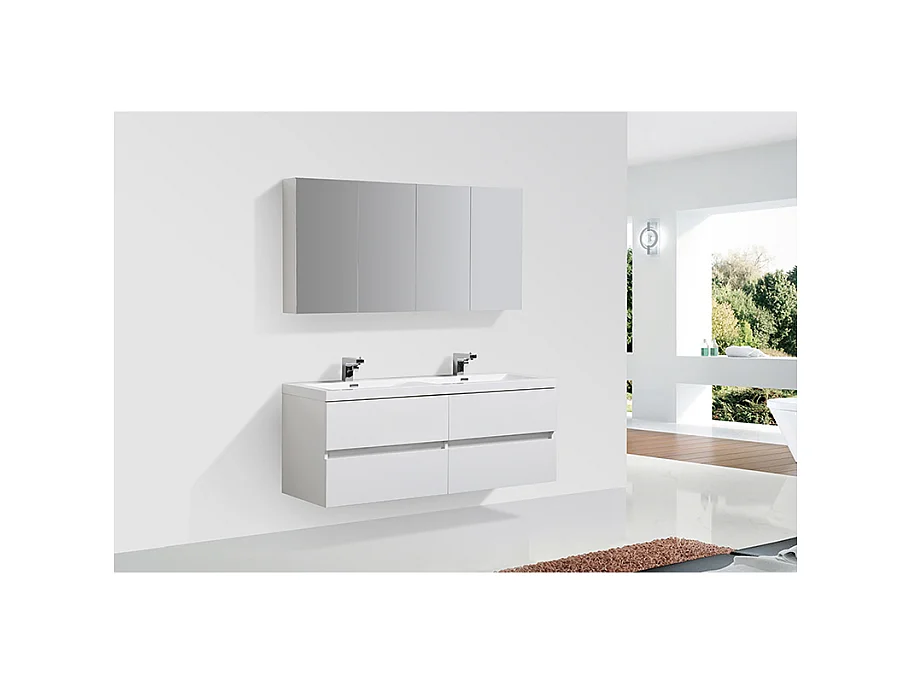 Armoire de toilette bloc-miroir SIENA largeur 144 cm blanc laqué