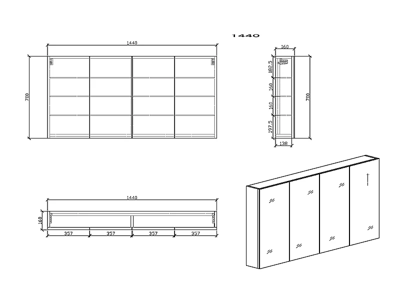 Spiegelschrank Bad 144 cm montiert Eiche hell SIENA