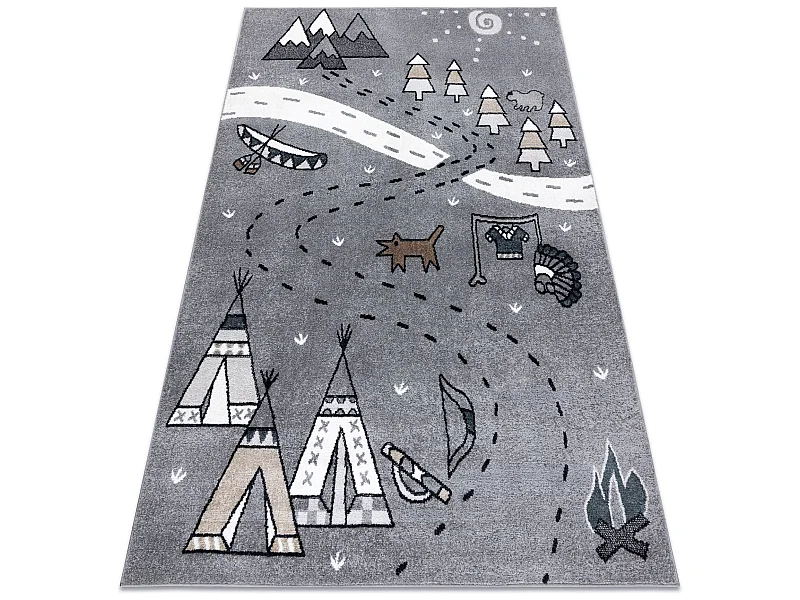 Teppich FUN Indian für Kinder, Indianerdorf, Tiere grau 160x220 cm