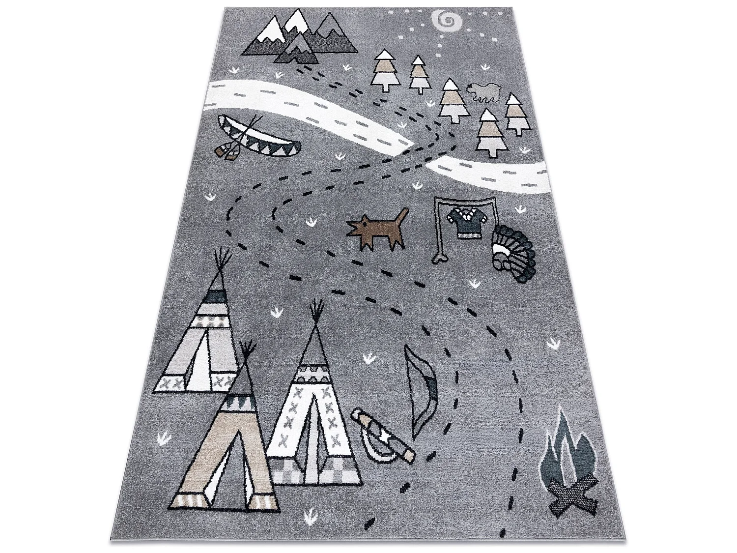 Teppich FUN Indian für Kinder, Indianerdorf, Tiere grau 160x220 cm