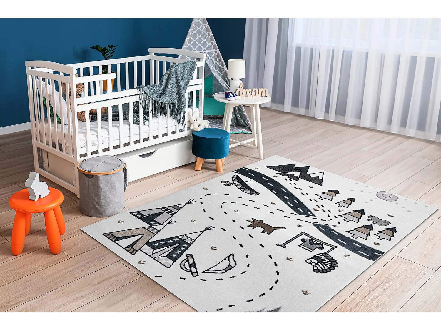 Tappeto FUN Indian per bambini, villaggio indiano, animali crema 80x150 cm