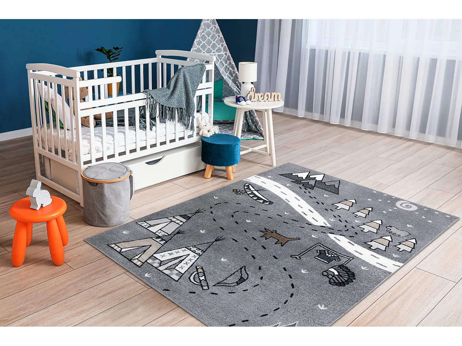 Teppich FUN Indian für Kinder, Indianerdorf, Tiere grau 180x270 cm