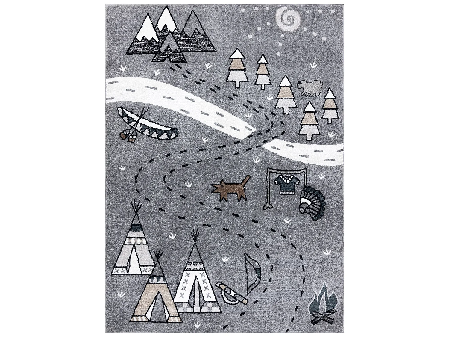 Teppich FUN Indian für Kinder, Indianerdorf, Tiere grau 140x190 cm