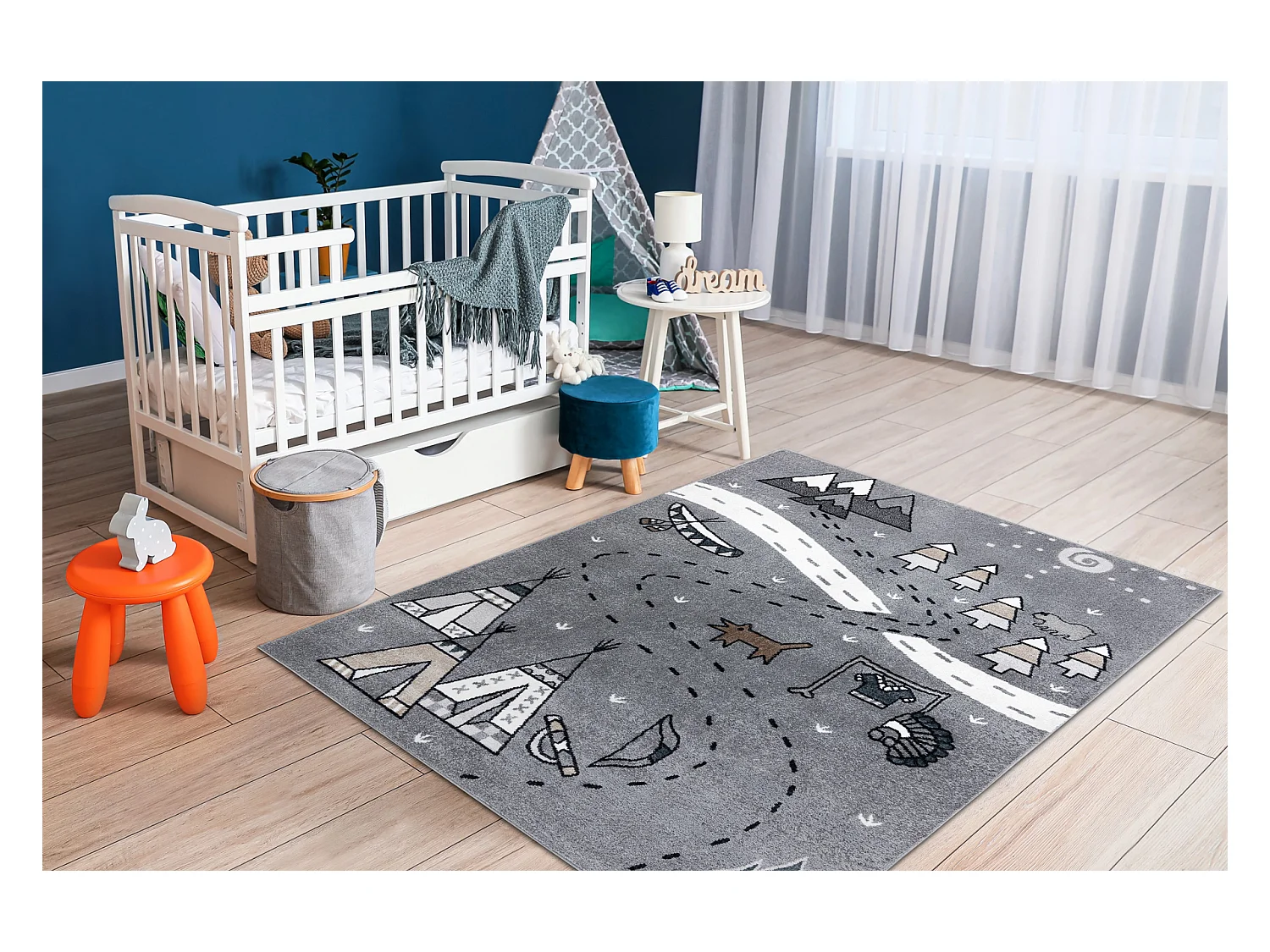 Tapis FUN Indian pour enfants, village indien, animaux gris 120x170 cm
