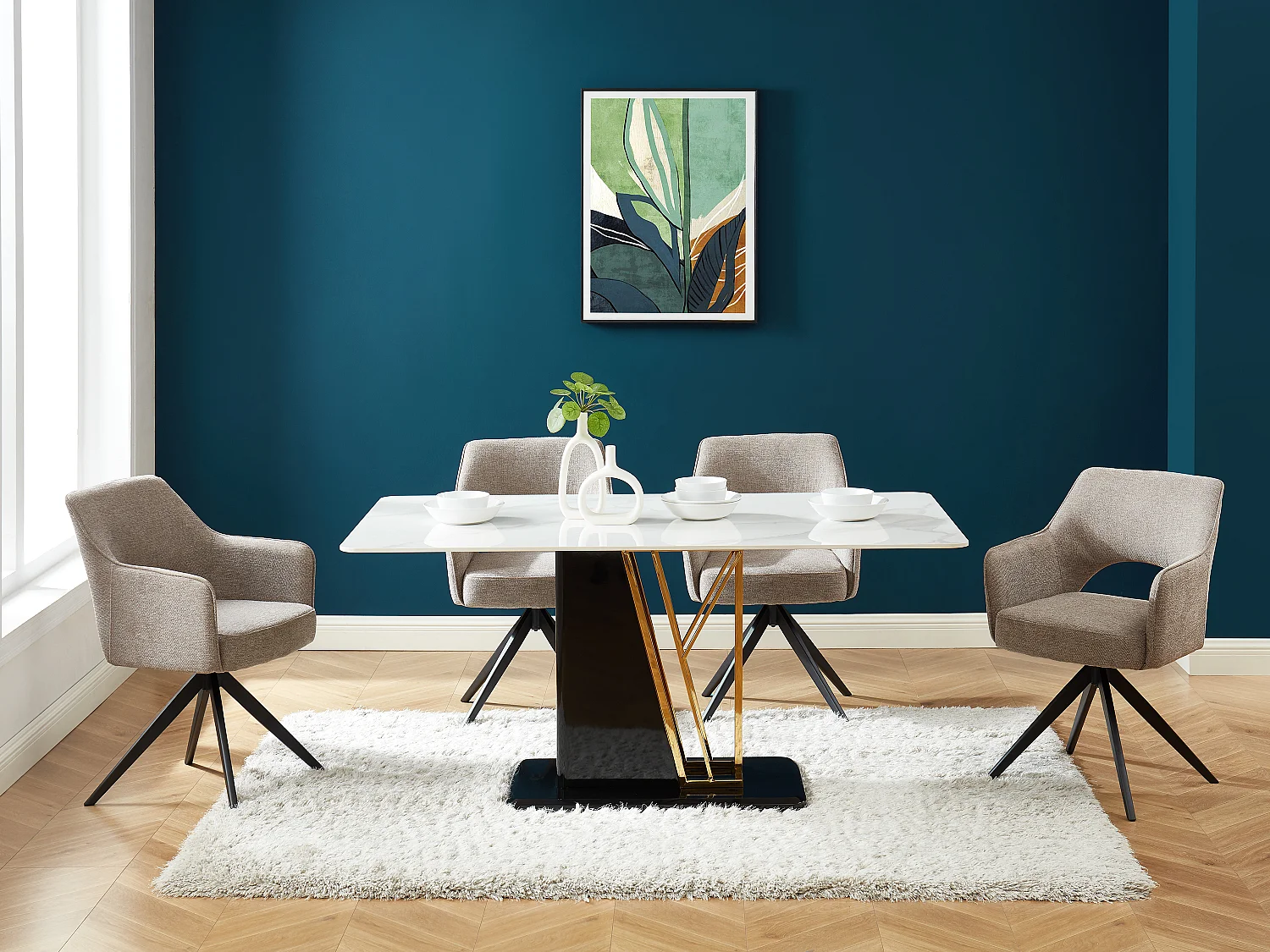 Conjunto de 6 cadeiras giratórias com apoios de braços em tecido e metal taupe - KONYA