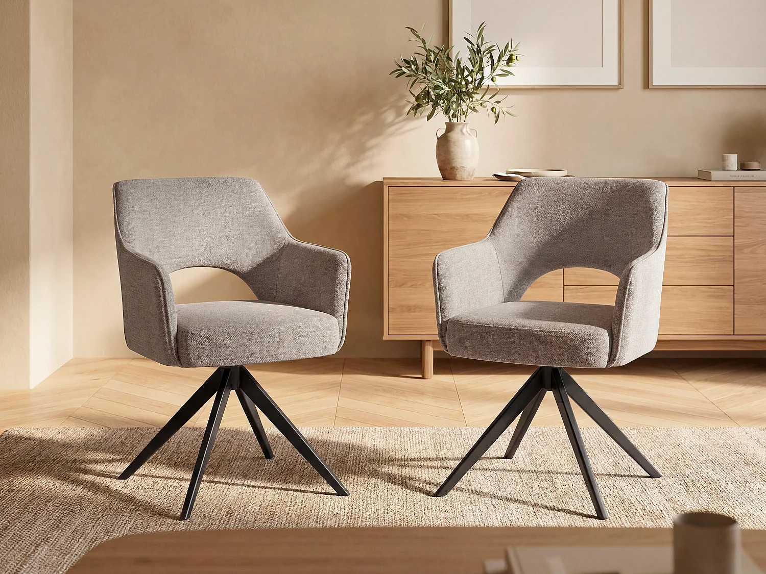 Set van 6 draaistoelen met stoffen en metalen armen - Taupe - KONYA