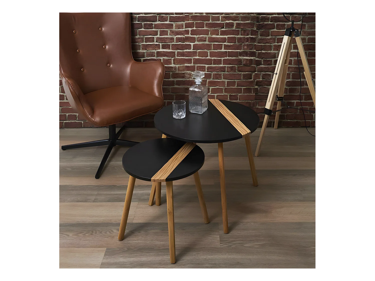 TRAZEN - Lot de 2 Tables Gigognes Noires et Relief Bambou