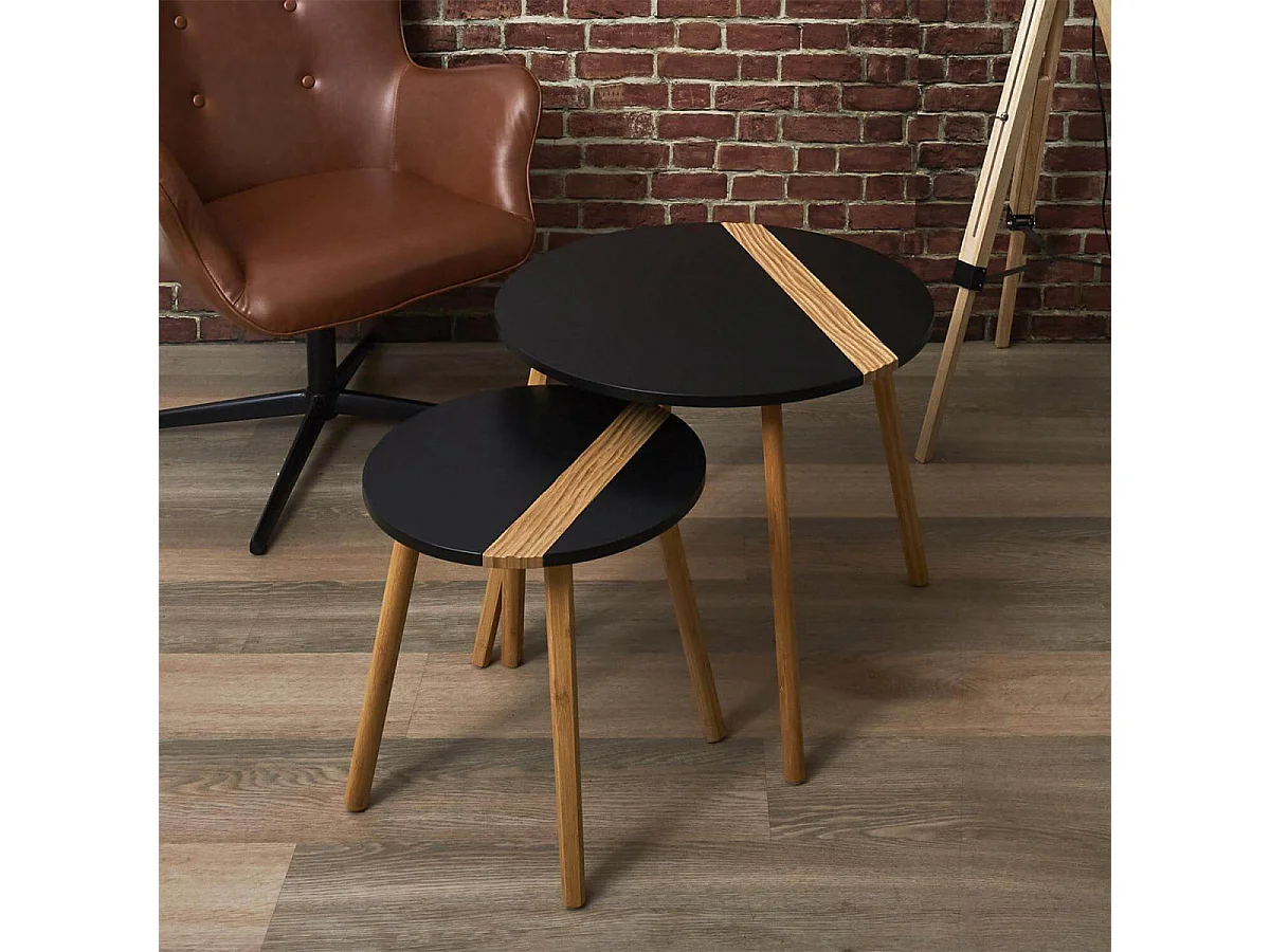 TRAZEN - Lot de 2 Tables Gigognes Noires et Relief Bambou