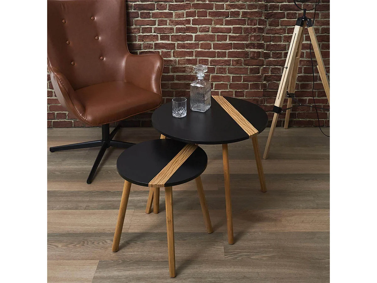 TRAZEN - Lot de 2 Tables Gigognes Noires et Relief Bambou