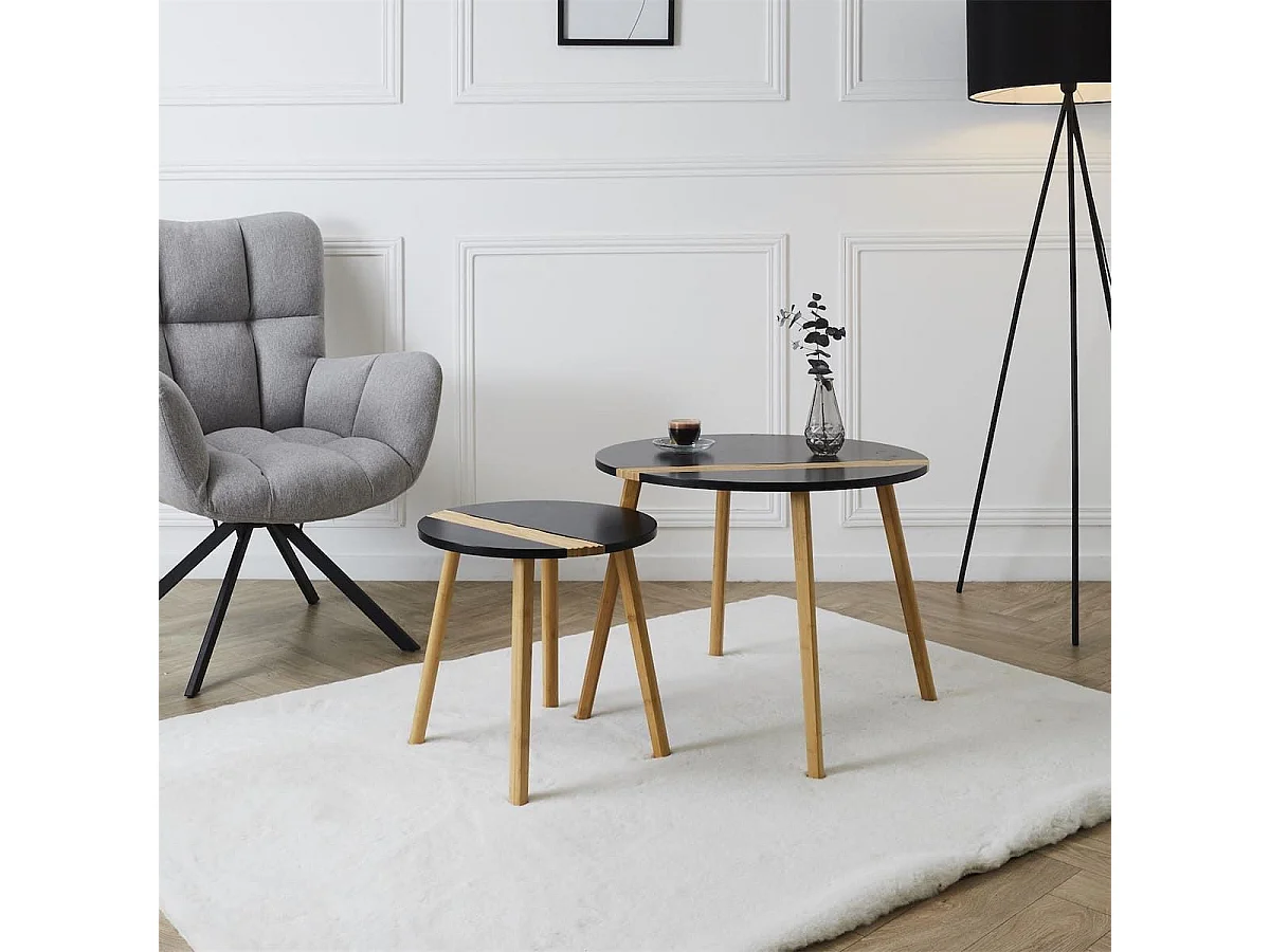 TRAZEN - Lot de 2 Tables Gigognes Noires et Relief Bambou