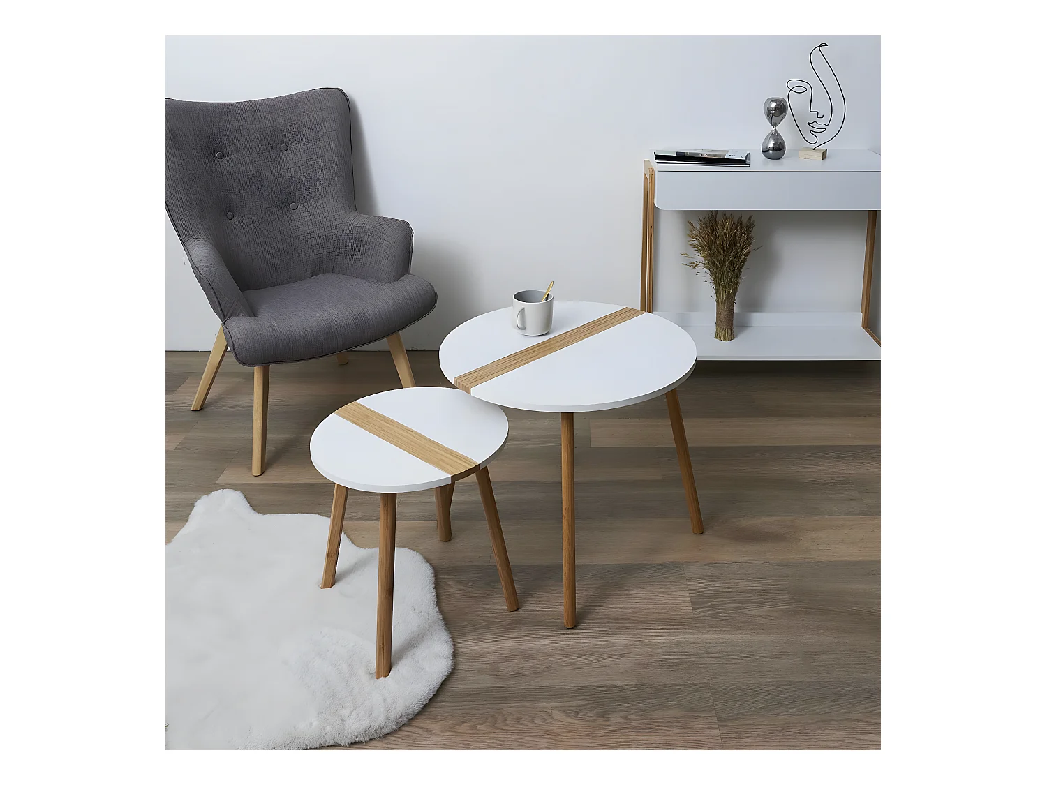 TRAZEN - Lot de 2 Tables Gigognes Blanches et Relief Bambou