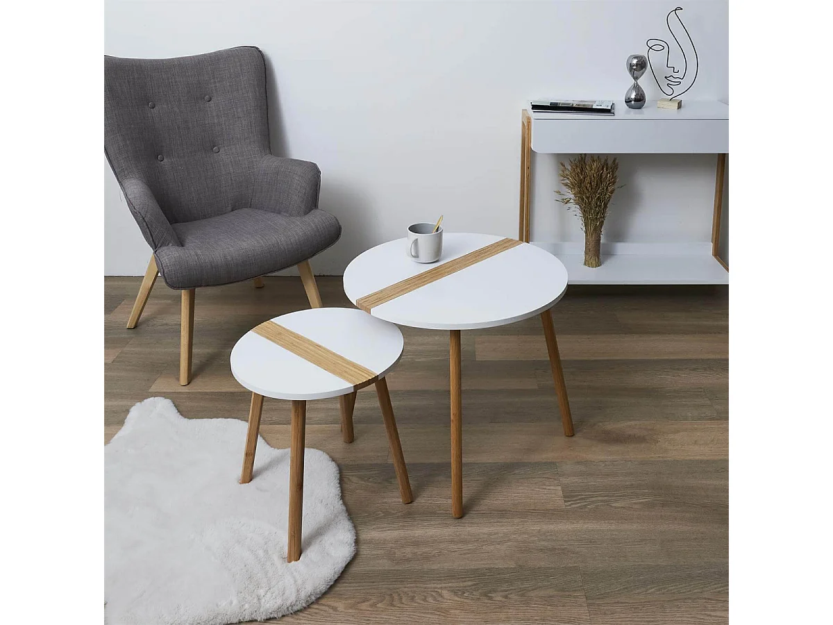 TRAZEN - Lot de 2 Tables Gigognes Blanches et Relief Bambou