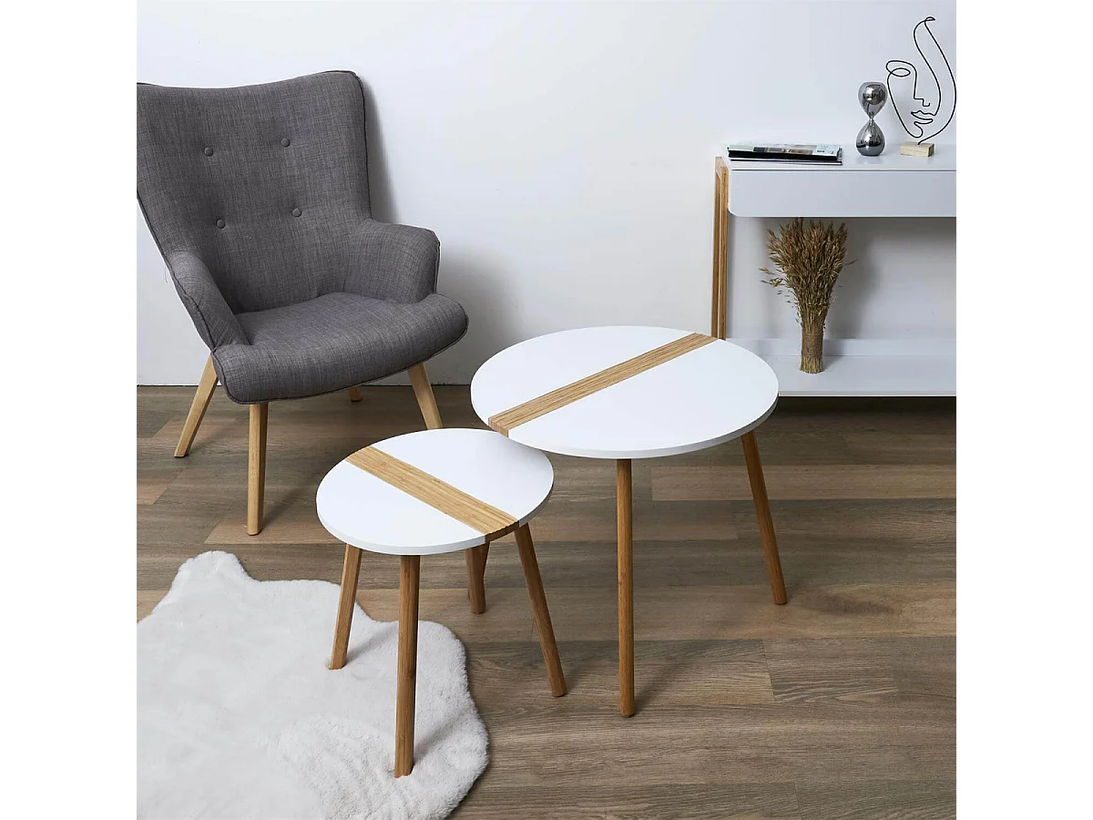 TRAZEN - Lot de 2 Tables Gigognes Blanches et Relief Bambou