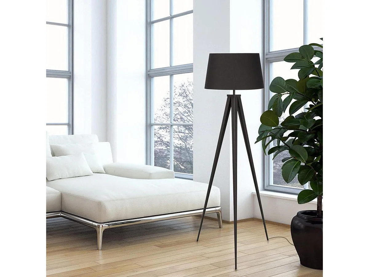 CLAYTON - Lampadaire Trépied en Métal et Abat-Jour Tissu Noir