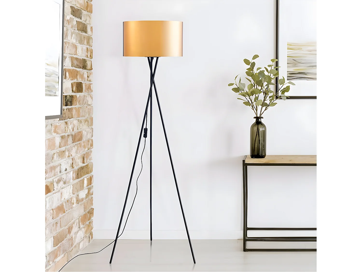 WESLEY - Lampadaire Trépied en Métal Noir Abat-Jour PVC Or