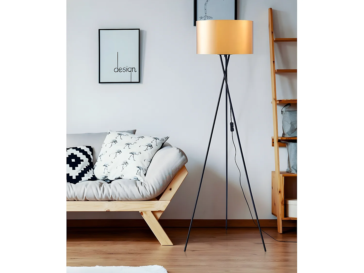 WESLEY - Lampadaire Trépied en Métal Noir Abat-Jour PVC Or