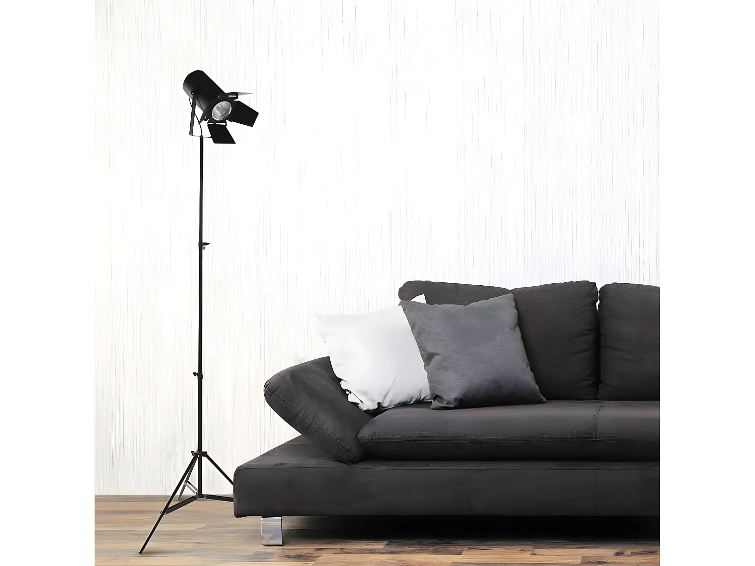 PICTURE - Lampadaire Métal Noir Trépied Téléscopique