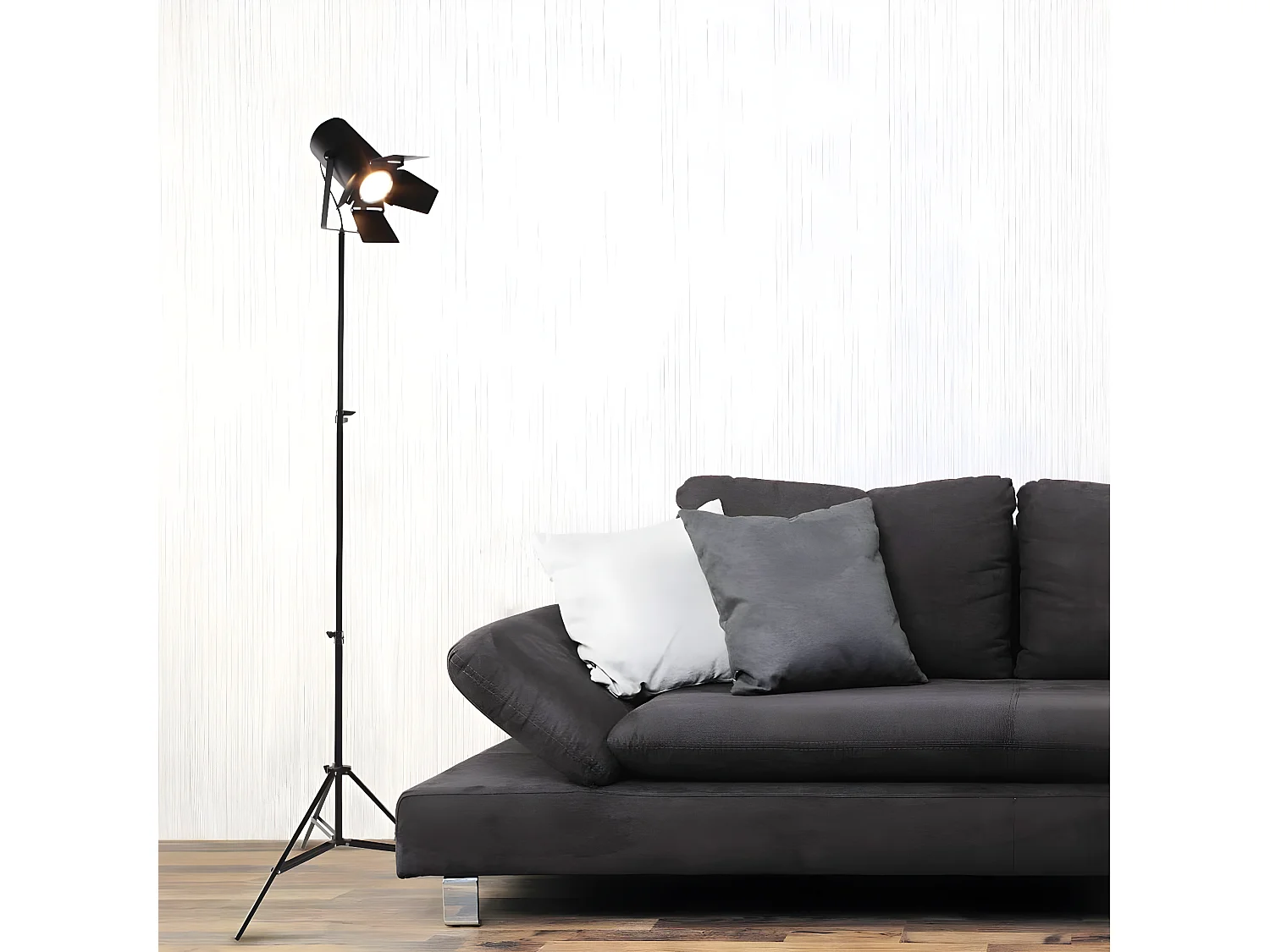 PICTURE - Lampadaire Métal Noir Trépied Téléscopique