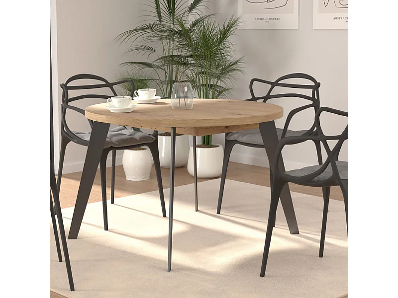 Table ronde extensible 110 à 155 cm décor bois pieds métal - VANESSA