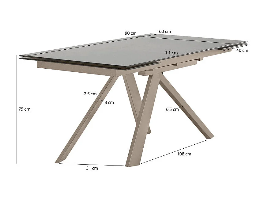 Table de repas extensible 160 à 240 cm taupe en verre - CASSANDRA