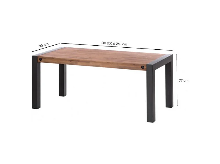 Table extensible 200 à 250 cm en bois d'acacia et métal - WORKSHOP