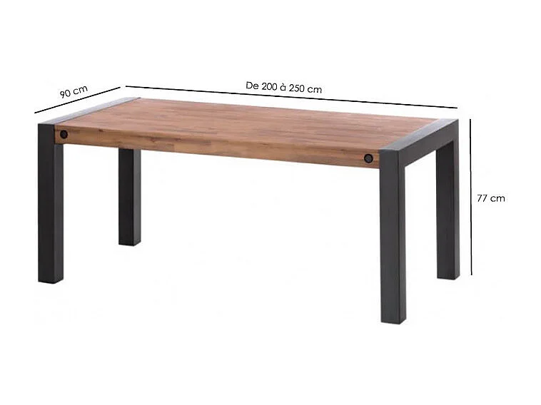 Table extensible 200 à 250 cm en bois d'acacia et métal - WORKSHOP