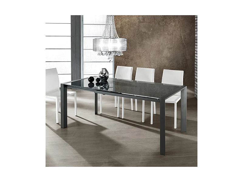 Table extensible 120 à 180 cm plateau verre gris pieds acier - MYSTIC