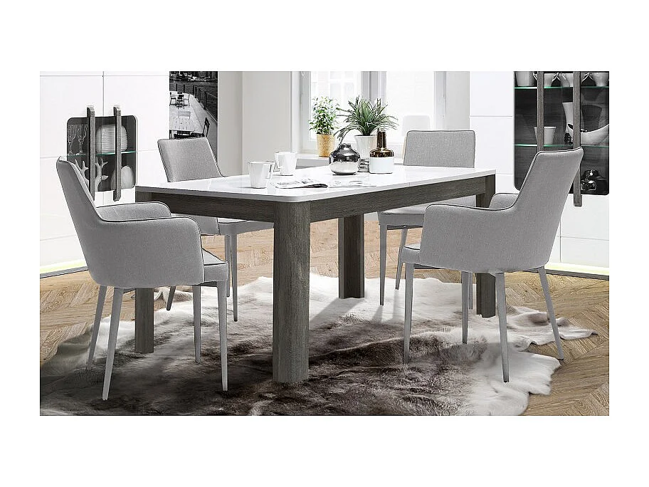 Table extensible 160 à 206 cm blanc laqué décor bois gris - ALEXIANE