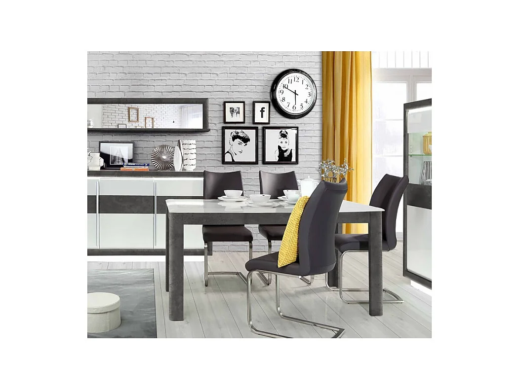 Table extensible 160 à 206 cm blanc laqué et décor gris béton - CALVI