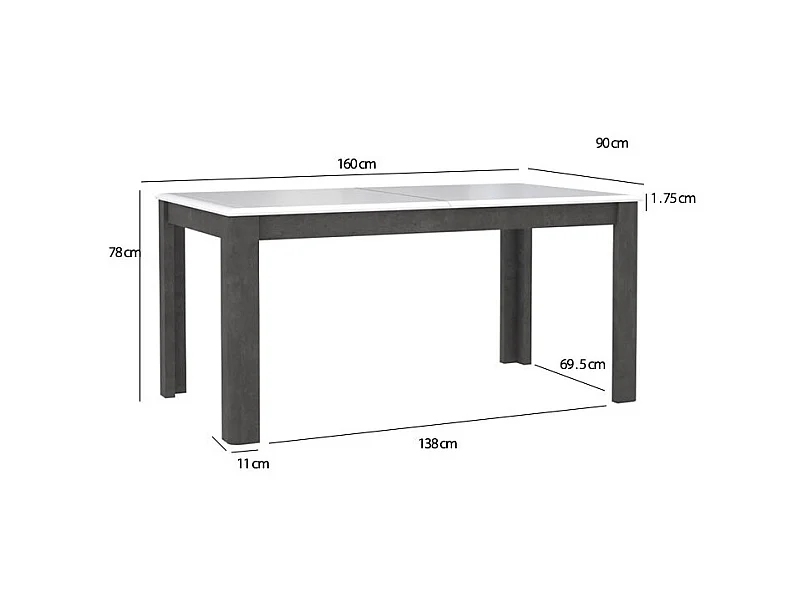 Table extensible 160 à 206 cm blanc laqué et décor gris béton - CALVI
