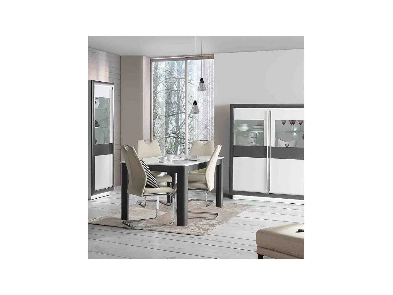 Table extensible 160 à 206 cm blanc laqué et décor gris béton - CALVI