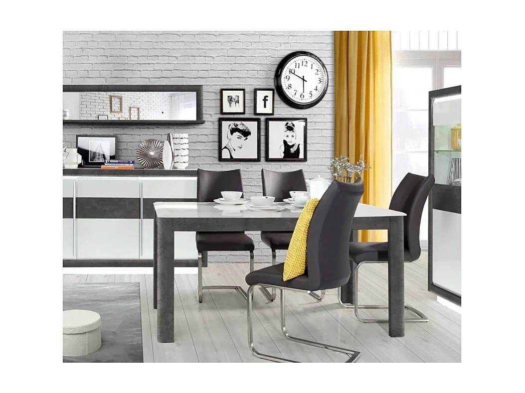 Table extensible 160 à 206 cm blanc laqué et décor gris béton - CALVI