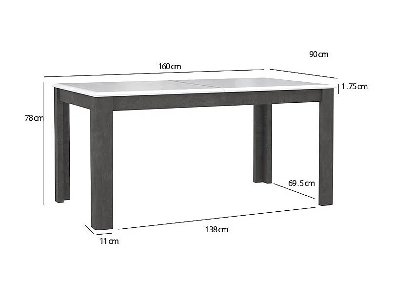 Table extensible 160 à 206 cm blanc laqué et décor gris béton - CALVI