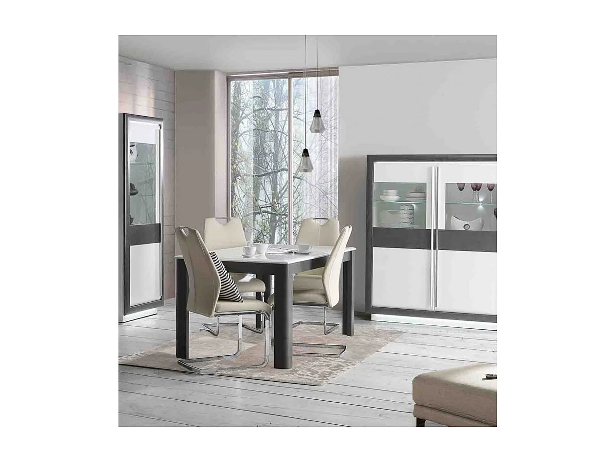 Table extensible 160 à 206 cm blanc laqué et décor gris béton - CALVI