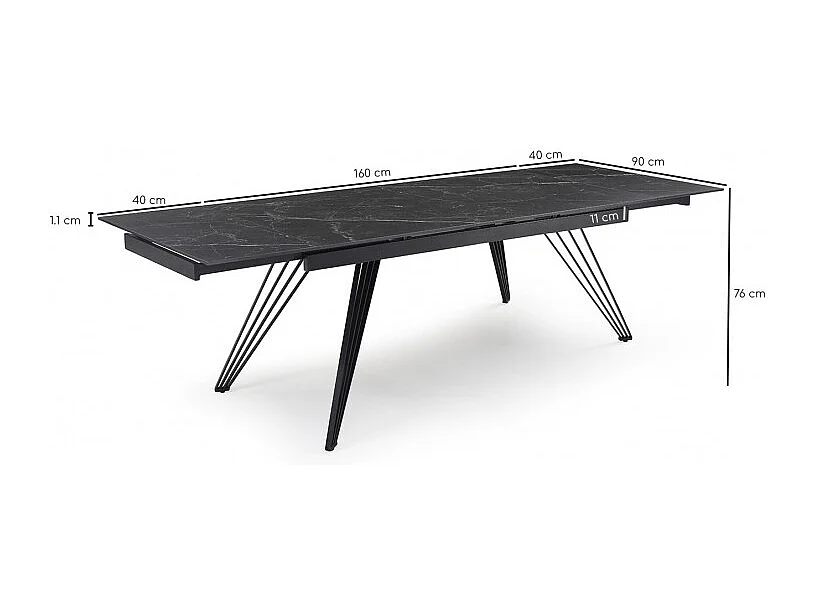 Table extensible 160/240 cm céramique noir marbré pied filaire - INDIANA 01