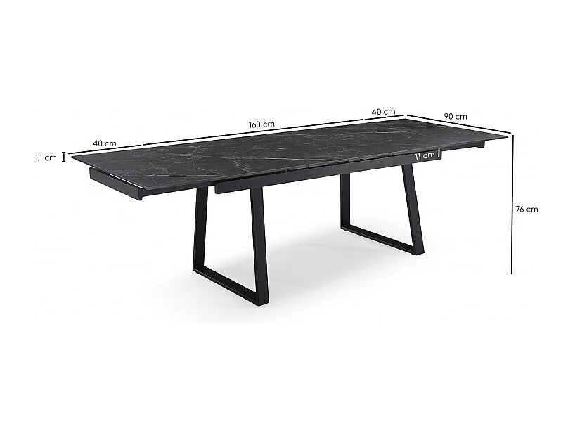 Table extensible 160/240 cm céramique noir marbré pied luge - INDIANA 02
