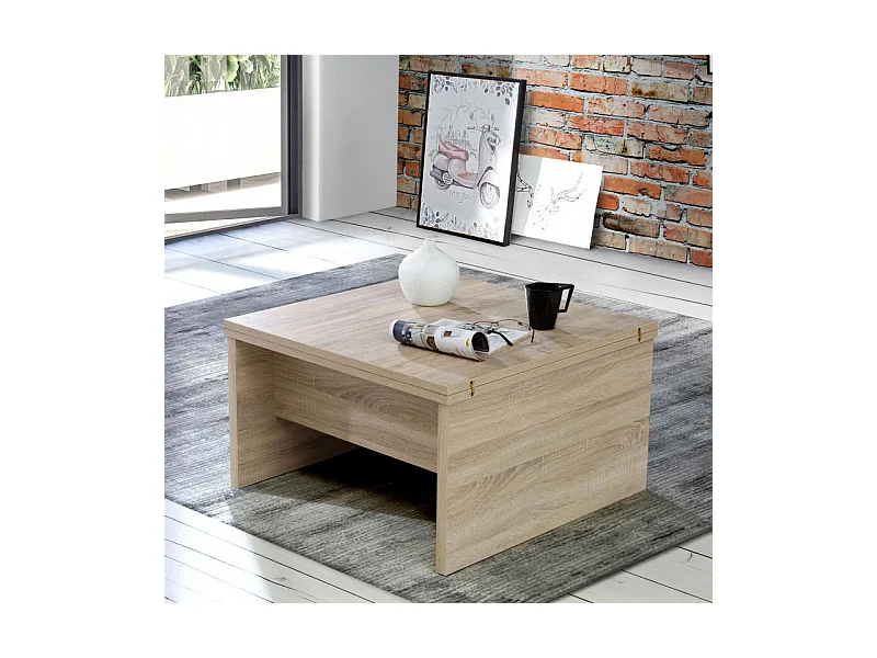 Table basse carré réhaussable et extensible décor bois clair - SOFYA