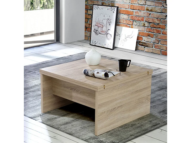 Table basse carré réhaussable et extensible décor bois clair - SOFYA