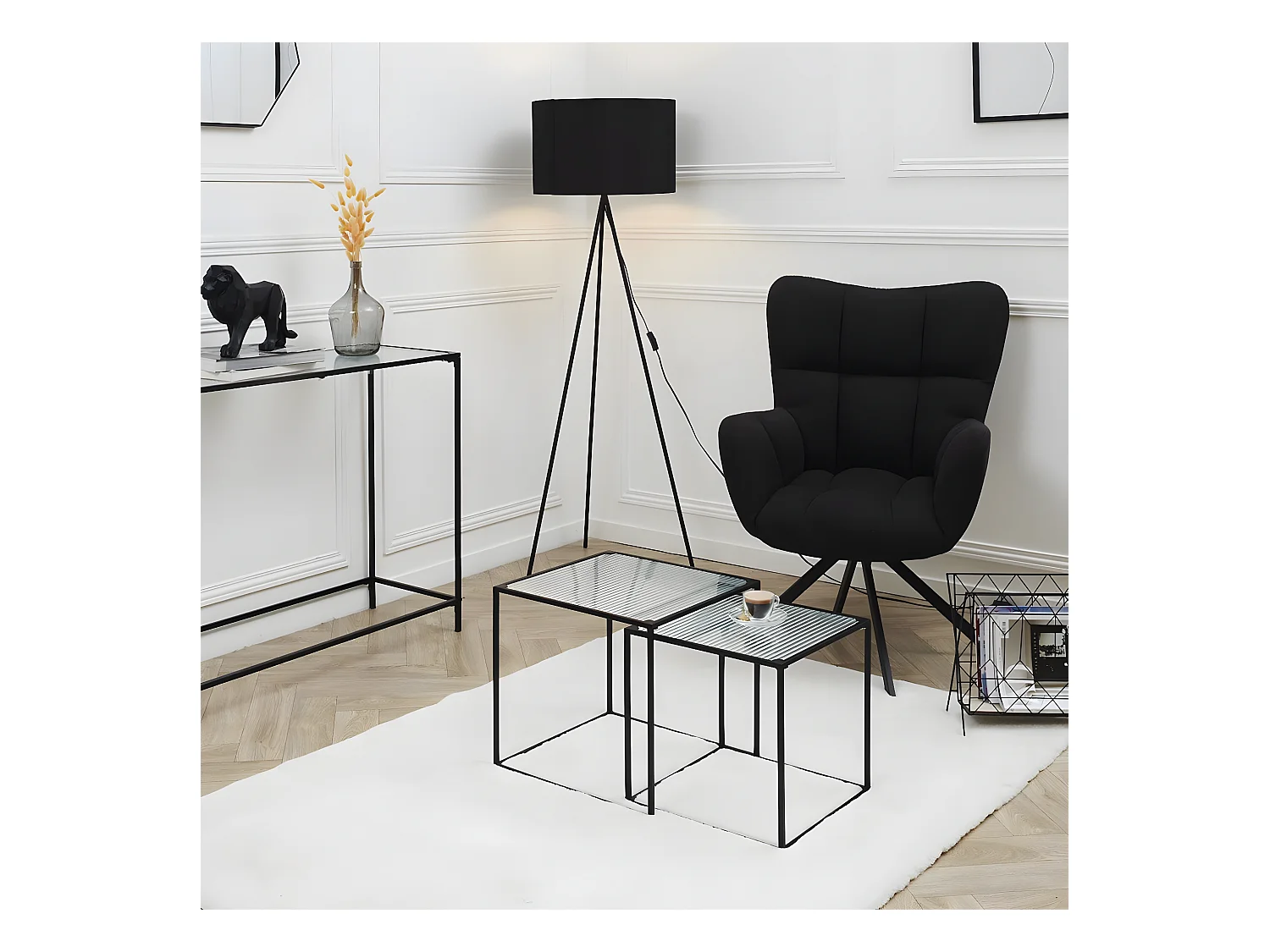 GLASSI - Tables Gigognes Noires Plateau en Verre Texturé