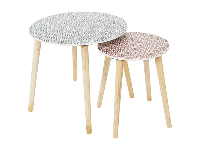 DISSA - Lot de 2 Tables Gigognes Motifs Floraux Pieds Bois