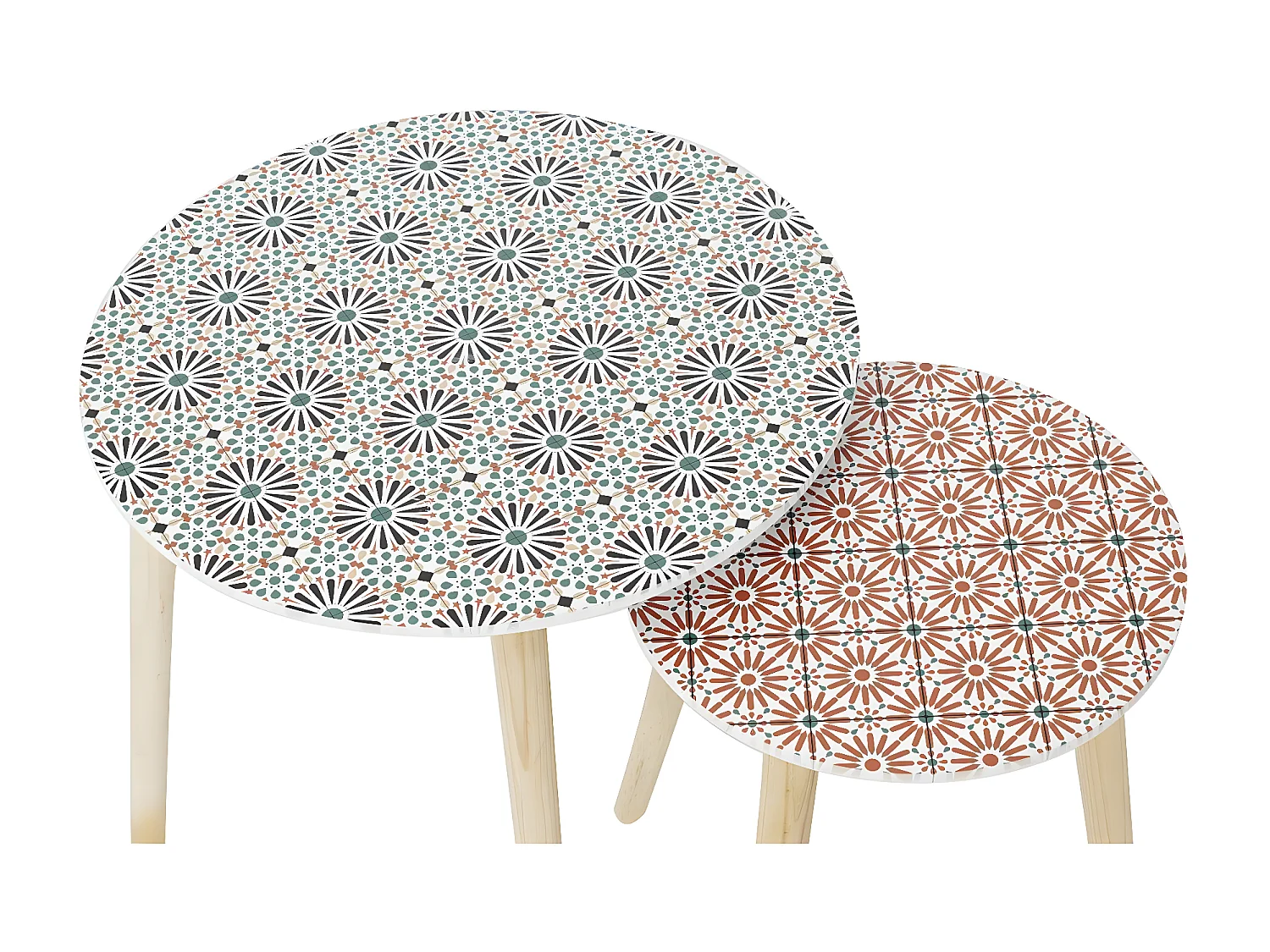 DISSA - Lot de 2 Tables Gigognes Motifs Floraux Pieds Bois